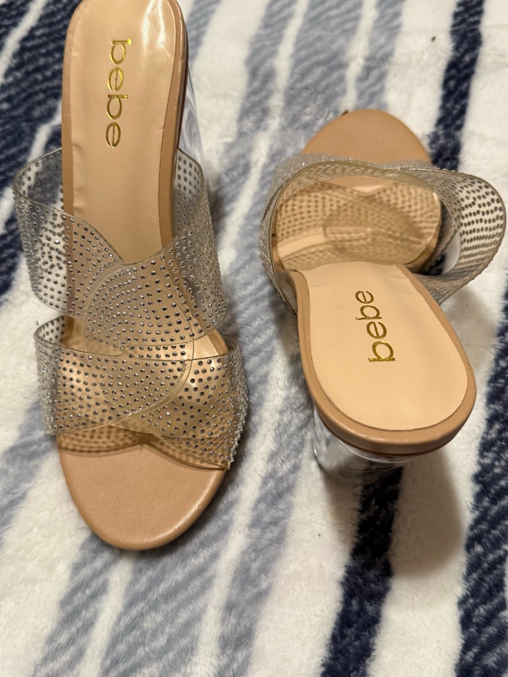 bebe Clear Crystal-Embellished Slide Sandals in Nude